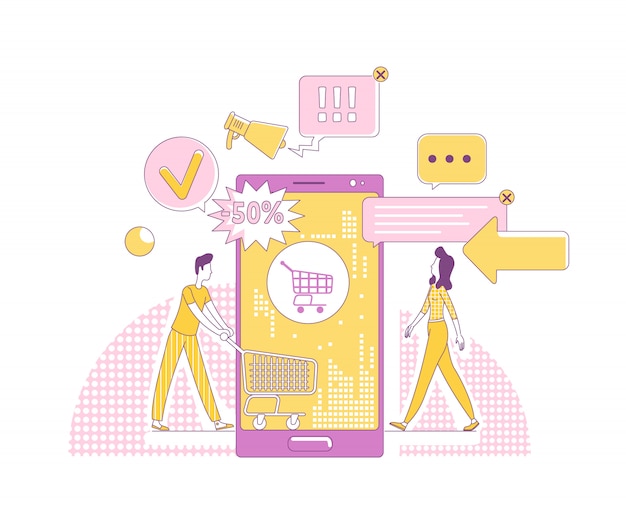 Ilustración de concepto de línea delgada de marketing móvil. Clientes personajes de dibujos animados para web. Negocio de publicidad en Internet, tecnología de compras en línea, idea creativa de promoción de ventas