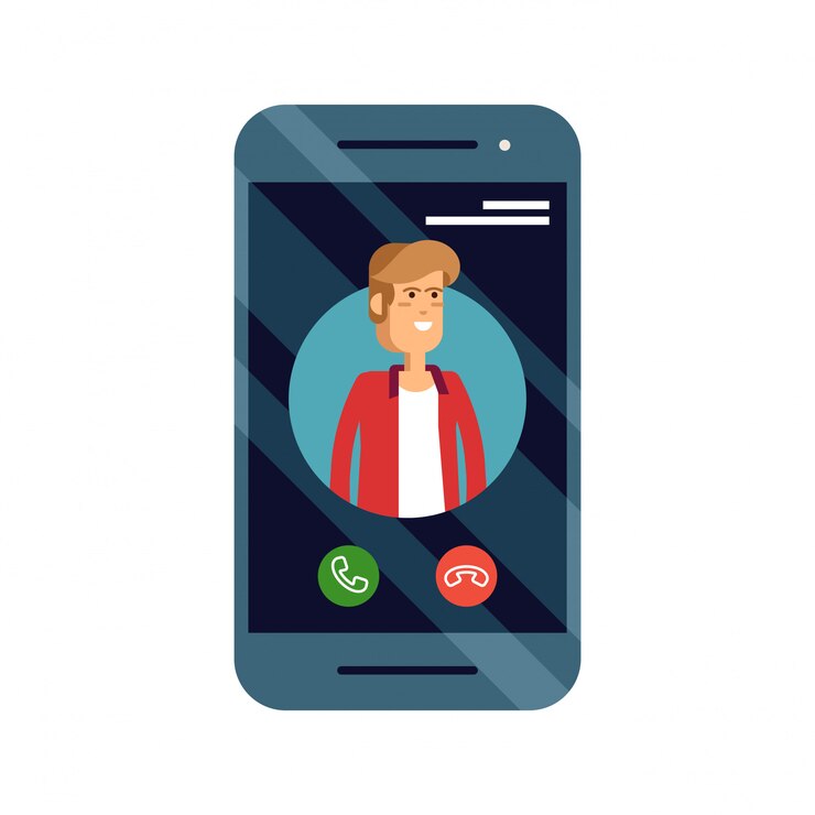 Ilustración del concepto de llamada entrante con teléfono móvil con identificador de llamadas mal en la pantalla y aceptar o rechazar botones.