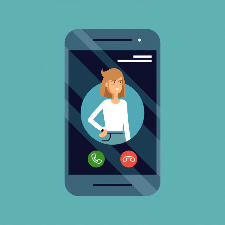 Ilustración del concepto de llamada entrante con teléfono móvil con identificador de llamadas en pantalla y aceptar o rechazar botones.
