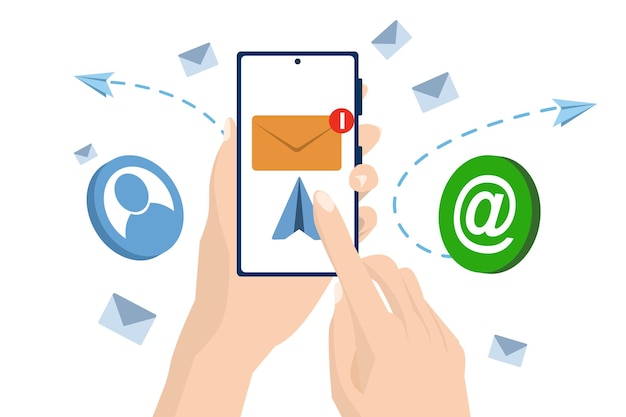 Ilustración del concepto de marketing por correo electrónico con teléfono móvil y computadora con nueva notificación por correo electrónico