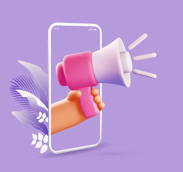 Ilustración de concepto de marketing en línea con dibujos animados 3d prestados mano sosteniendo megáfono