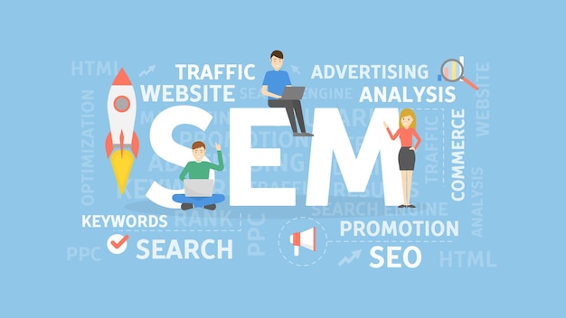 Ilustración del concepto de marketing de motores de búsqueda Idea de análisis de sitios web y publicidad