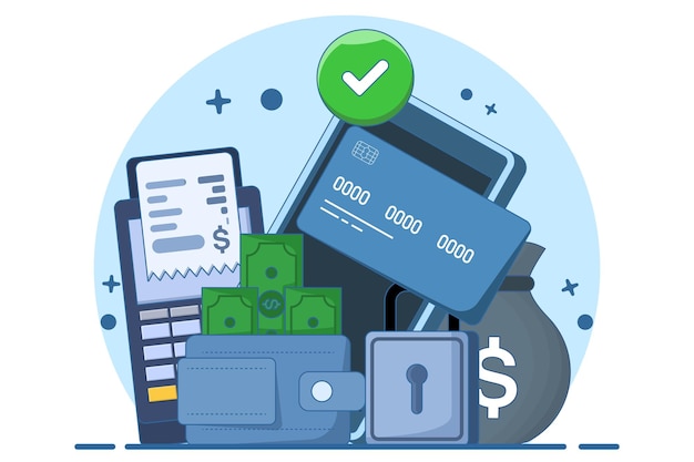Ilustración Concepto de método de pago o tarjeta de débito para compras en línea o transacciones financieras en efectivo