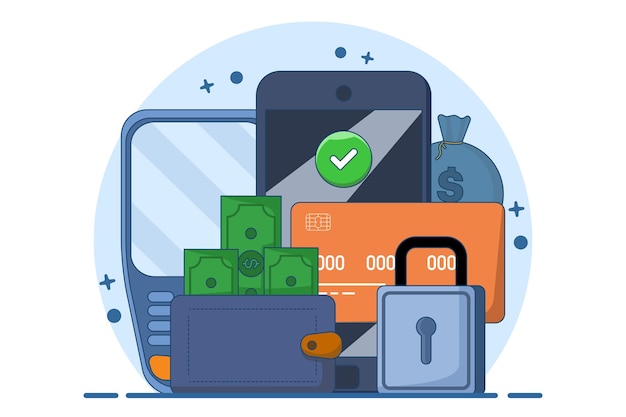 Ilustración Concepto de método de pago o tarjeta de débito para compras en línea o transacciones financieras en efectivo