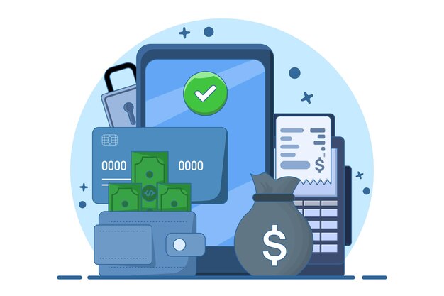 Ilustración Concepto de método de pago o tarjeta de débito para compras en línea o transacciones financieras en efectivo