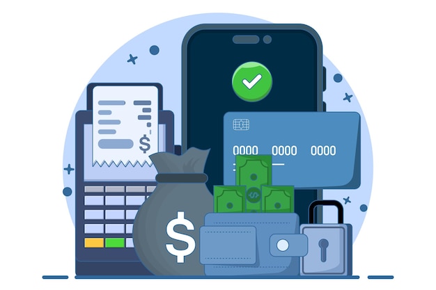 Ilustración Concepto de método de pago o tarjeta de débito para compras en línea o transacciones financieras en efectivo