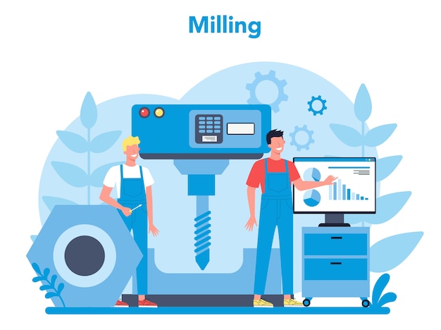 Ilustración de concepto de molienda y fresado. ingeniero de perforación de metal con fresadora, fabricación de detalle. tecnología industrial. ilustración de vector plano aislado