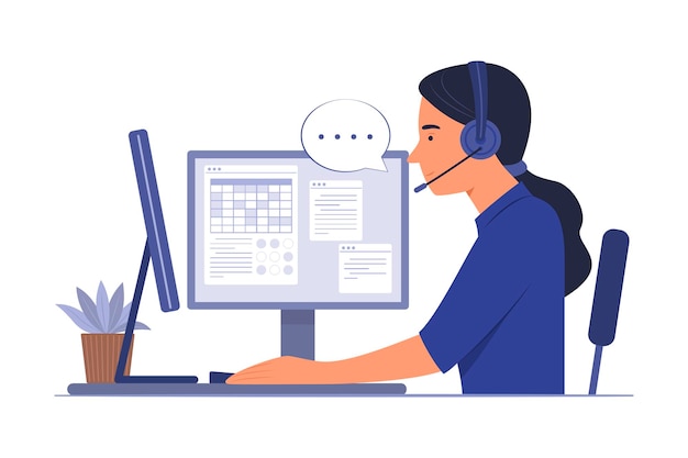 Vector ilustración del concepto de la mujer del centro de llamadas que trabaja en la oficina para el servicio al cliente en línea
