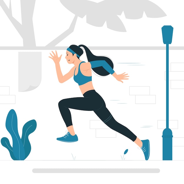 Ilustración del concepto de una mujer corriendo, trotando, haciendo ejercicio, cardio.