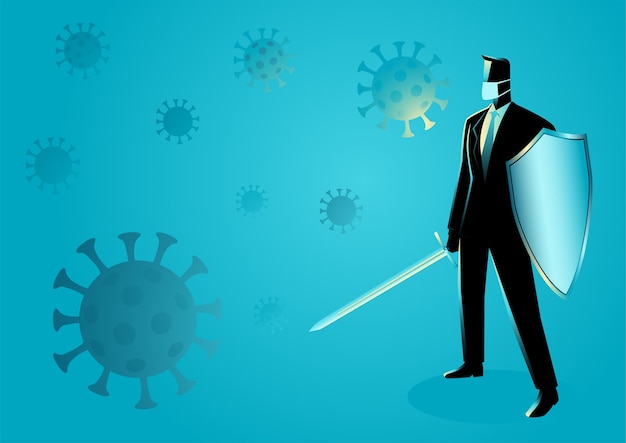 Ilustración del concepto de negocio de un empresario sosteniendo una espada y un escudo, preparación, protección, precaución contra una pandemia