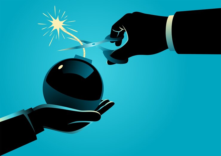 Vector ilustración del concepto de negocio de un hombre dando una bomba con una mecha encendida y otro hombre tratando de difundirla cortando la mecha. gran problema y solución en concepto de negocio.