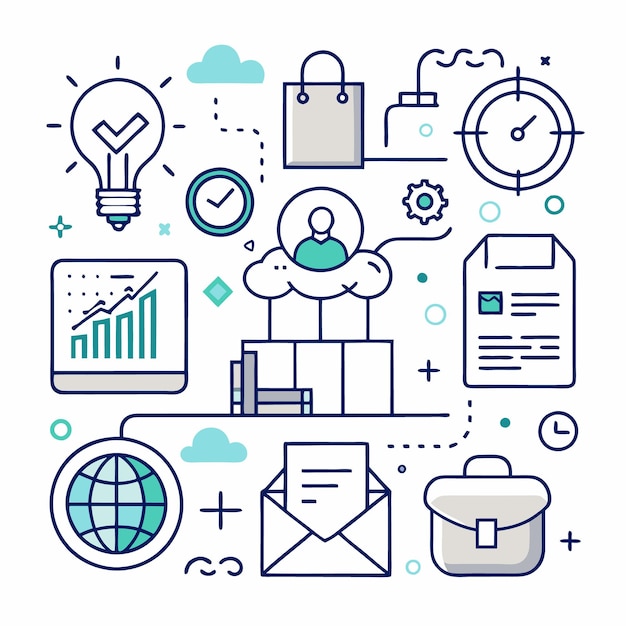 Ilustración del concepto de negocio con íconos que representan ideas de estrategia de éxito marketing y comunicación