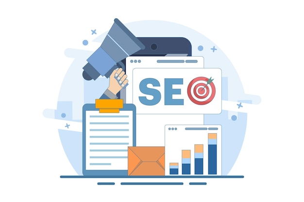 Ilustración del concepto de optimización de motores de búsqueda o análisis y optimización conceptual de SEO