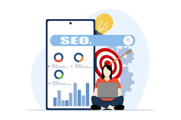 Ilustración del concepto de optimización de sitios web o análisis web y marketing de SEO en las redes sociales