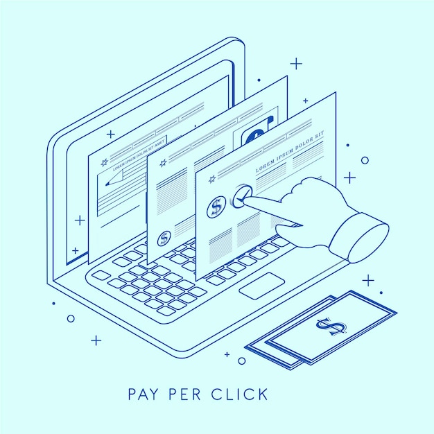 Vector ilustración del concepto de pago por clic en estilo de línea fina