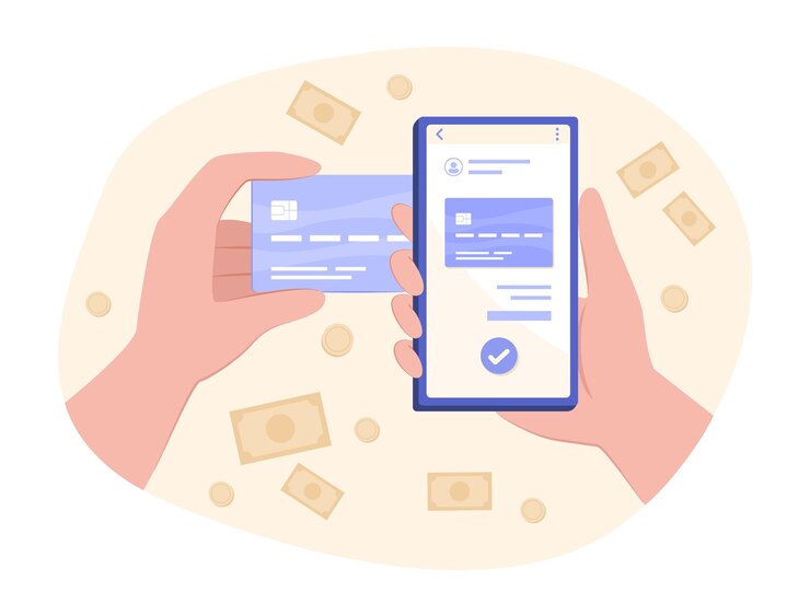 Vector ilustración del concepto de pago digital en línea por teléfono inteligente y tarjeta de crédito para compras en línea