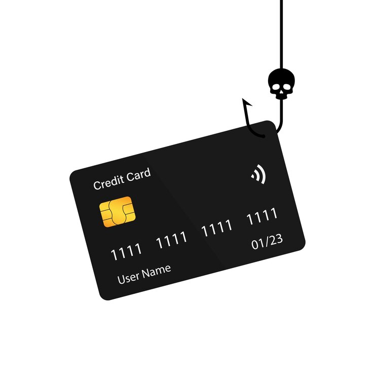 Vector ilustración del concepto de pesca con tarjeta tarjeta de crédito en anzuelo aislado en fondo blanco hackeo de internet fraude de datos concepto de fraude con tarjeta robo de dinero virtual gráfico vectorial eps 10
