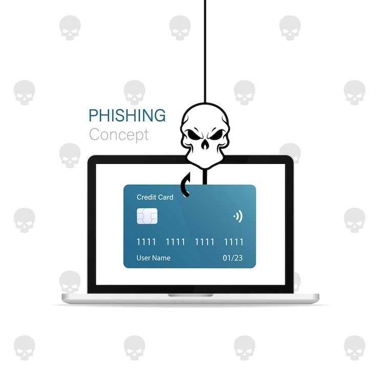 Vector ilustración del concepto de phishing datos de la tarjeta de crédito de phishing tarjeta de crédito colgada fraude de piratería ilustración del concepto de delito cibernético ataque de piratas datos personales de phishing concepto de piratería eps 10