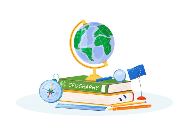 Vector ilustración de concepto plano de geografía. asignatura escolar. metáfora del aprendizaje de las ciencias naturales. estudio de la tierra. libros de texto para estudiantes, globo terráqueo y elementos de brújula objetos de dibujos animados en 2d