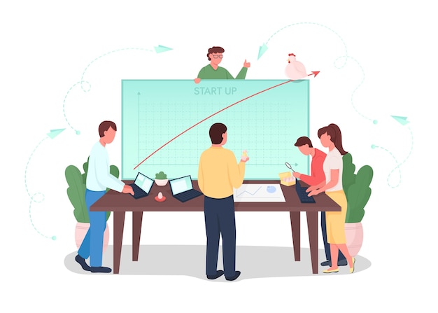 Ilustración de concepto plano de inicio. Trabajo en equipo en el desarrollo de proyectos. Analizando cuadro financiero. Equipo de lluvia de ideas personajes de dibujos animados en 2D para diseño web. Lanzamiento de la idea creativa de la empresa.