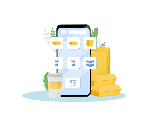 Ilustración de concepto plano de oferta especial de tienda online. Descuento en comida rápida, almuerzo y bebida gratis. Campaña publicitaria de restaurantes en Internet, idea creativa de la aplicación de pedidos de comidas preparadas