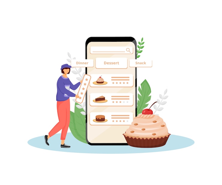 Vector ilustración de concepto plano de retroalimentación de sabor y calidad de tortas. cliente femenino, personaje de dibujos animados 2d de comprador en línea de pastelería para diseño web. idea creativa de revisión de cliente de panadería dulce