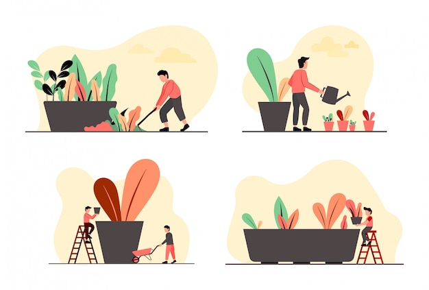 Ilustración del concepto de plantas y agricultores.