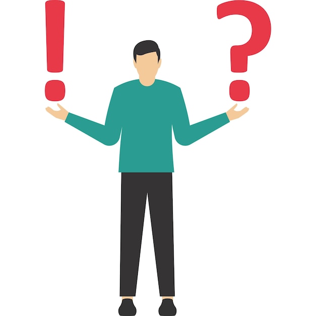 Ilustración del concepto de pregunta general de signo de exclamación y signo de interrogación pregunta metafórica a