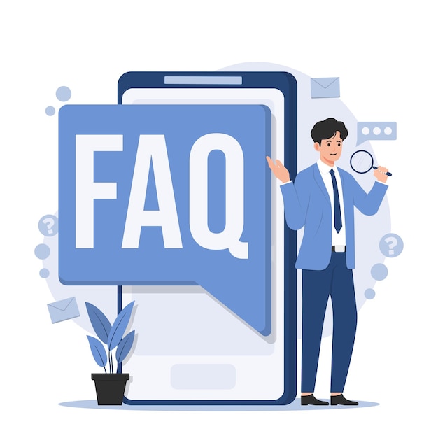 Ilustración del concepto de preguntas frecuentes con una sección de preguntas y respuestas, soporte al cliente y help desk