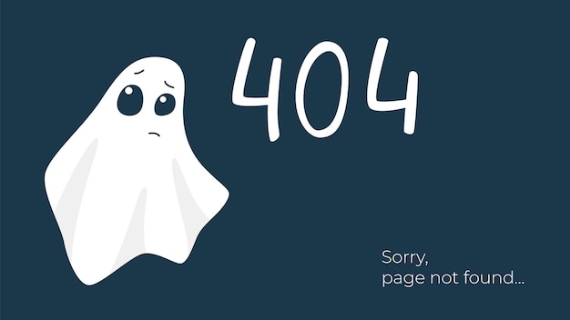 Ilustración de concepto de problema de conexión a Internet. Página de error 404 no encontrada, aislada sobre fondo negro. Fantasma blanco alegre. Ilustraciones de vectores aislados.