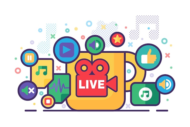Ilustración del concepto de producción de transmisión en vivo. Noticias insignias semi planas. Diseño de portada moderna de redes sociales. Materiales para retransmisiones online. Dibujo de color aislado vectorial