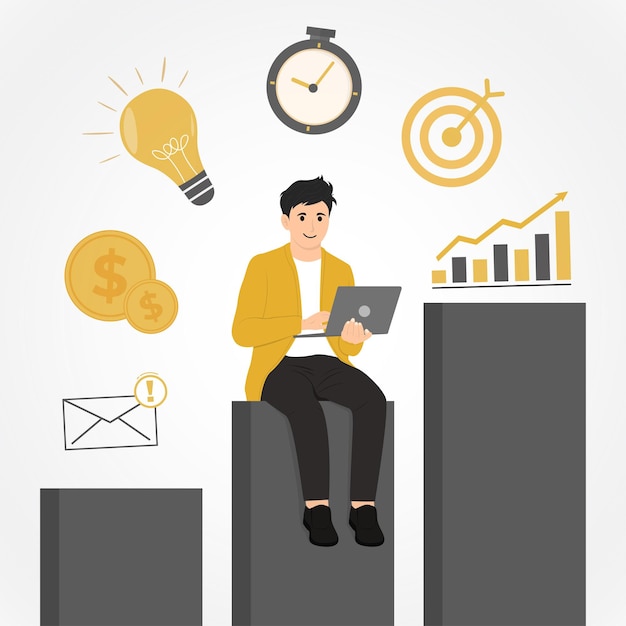 Ilustración del concepto de productividad de trabajo del hombre de vector plano