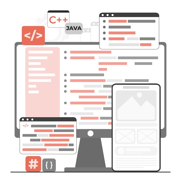 Ilustración del concepto de programación y codificación de vectores planos