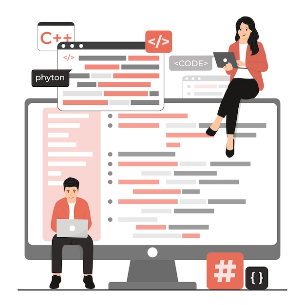 Ilustración del concepto de programación y codificación de vectores planos