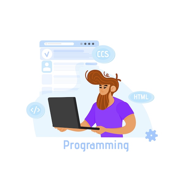 Ilustración del concepto de programación, un hombre trabaja en una computadora portátil de forma remota.