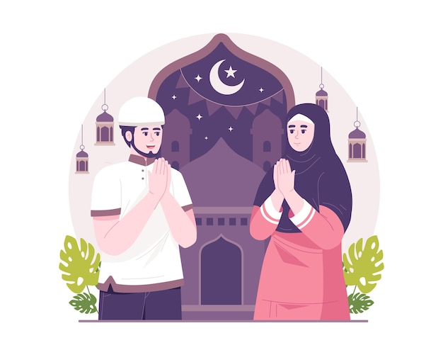 Vector ilustración del concepto de ramadán la gente musulmana feliz celebra el mes sagrado de ramadá