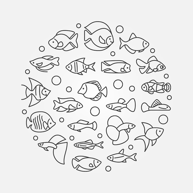 Ilustración de concepto redondo de vector de peces de acuario o banner en estilo de línea fina