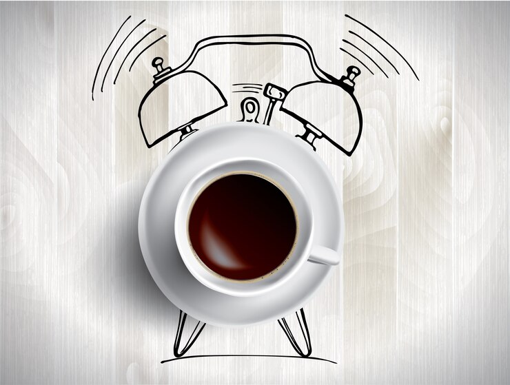 Ilustración de concepto de reloj despertador y café con doodle