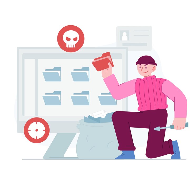 Vector ilustración de concepto de robo de datos plana dibujada a mano con hacker traer carpeta e información