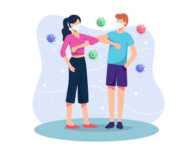 Ilustración de concepto de saludo de codo. Las personas mantienen la distancia y evitan el contacto físico, el apretón de manos o el toque de la mano para protegerse de la propagación del coronavirus. Nuevos gestos de saludo normales. en estilo plano