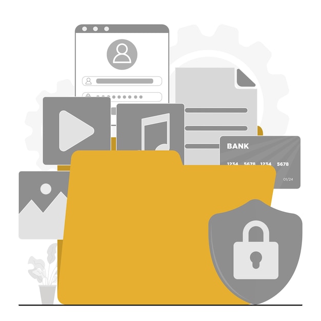 Ilustración del concepto de seguridad cibernética de los datos de protección de datos de vector plano