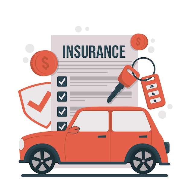 Ilustración del concepto de seguro de automóvil con escudo de protección de automóvil y formulario de póliza para garantizar la seguridad