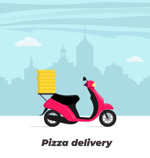 Ilustración del concepto de servicio de entrega de pizza Moto con cajas de pizza en el maletero Gran ciudad