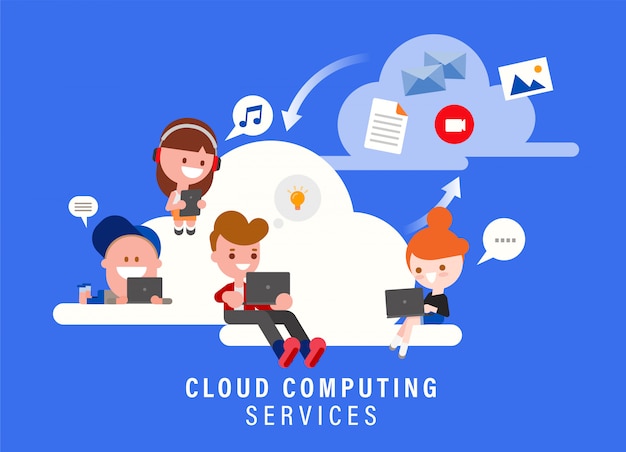 Ilustración de concepto de servicios de computación en la nube. Grupo de personas sentadas en la nube con ordenador portátil y dispositivos inteligentes. Personaje de dibujos animados de estilo de diseño plano.