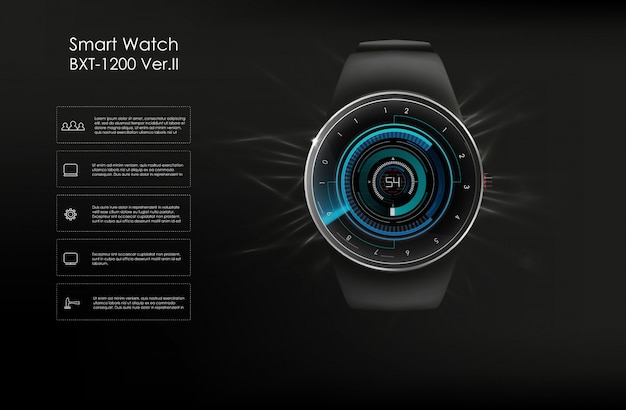 Ilustración del concepto smartwatch, funciones de tecnología y plantilla te
