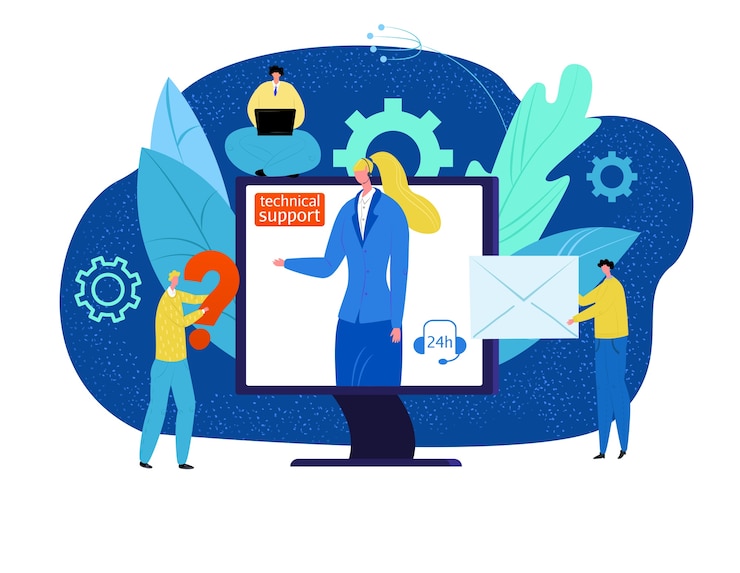 Vector ilustración del concepto de soporte técnico. ayuda de clientes en línea, operador en auriculares en la computadora. soporte profesional. consultor de helpdesk por teléfono. los clientes contactan con el centro técnico.