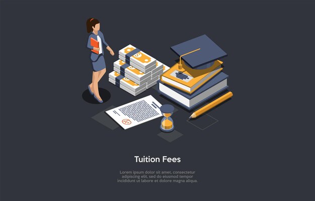 Ilustración de concepto de tasas de matrícula en estilo de dibujos animados 3D.