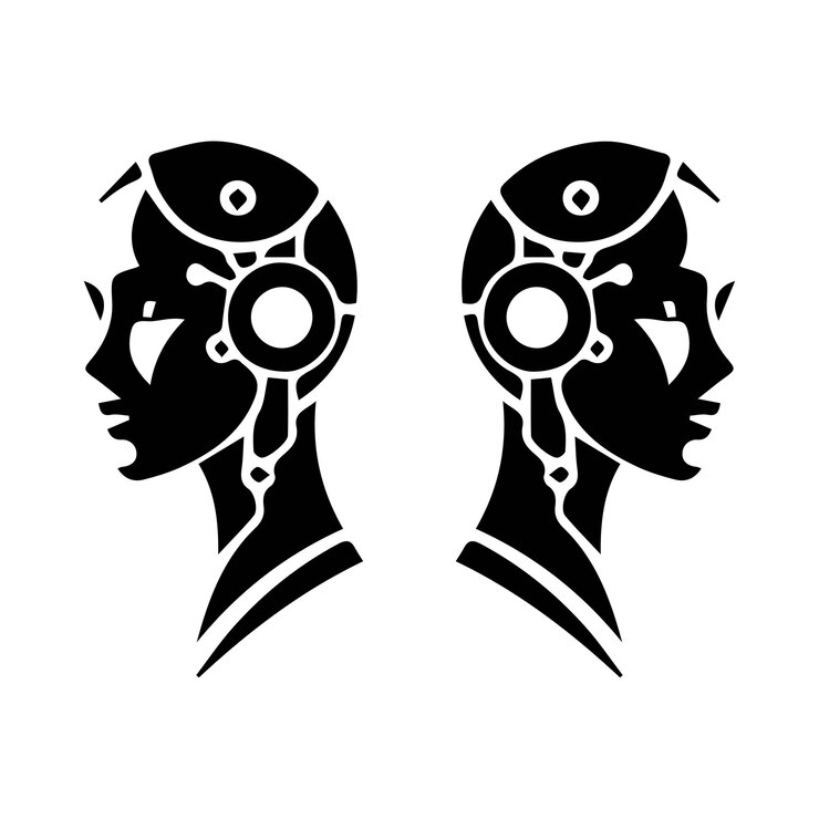 Ilustración del concepto de tecnología de IA de la silueta de la cabeza del robot femenino futurista Ilustración de concepto de la tecnología de AI de la silhueta de la cabeza del robot femenina futurista