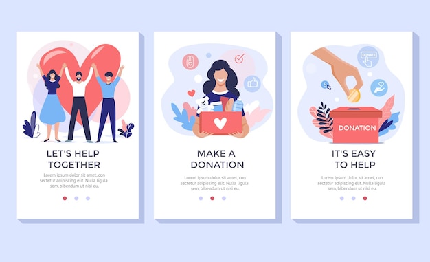 Ilustración de concepto de trabajo de donaciones y voluntarios perfecta para la página de inicio de la aplicación móvil de banner