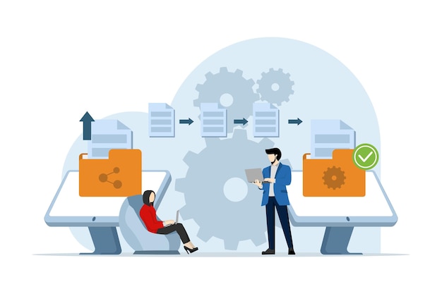 Ilustración del concepto de transferencia de archivos con carácter comercial que transfiere archivos entre dispositivos